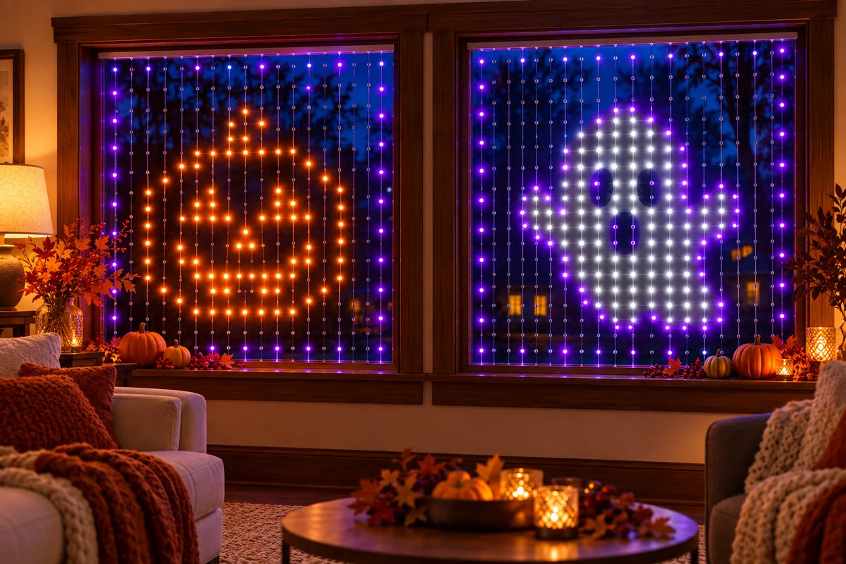 AI-styled Halloween inspiration showing a two-curtain pumpkin and ghost setup