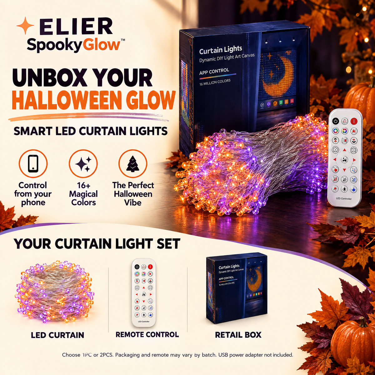 ELIER SpookyGlow Halloween curtain light set with retail box and remote. USB power adapter not included.
