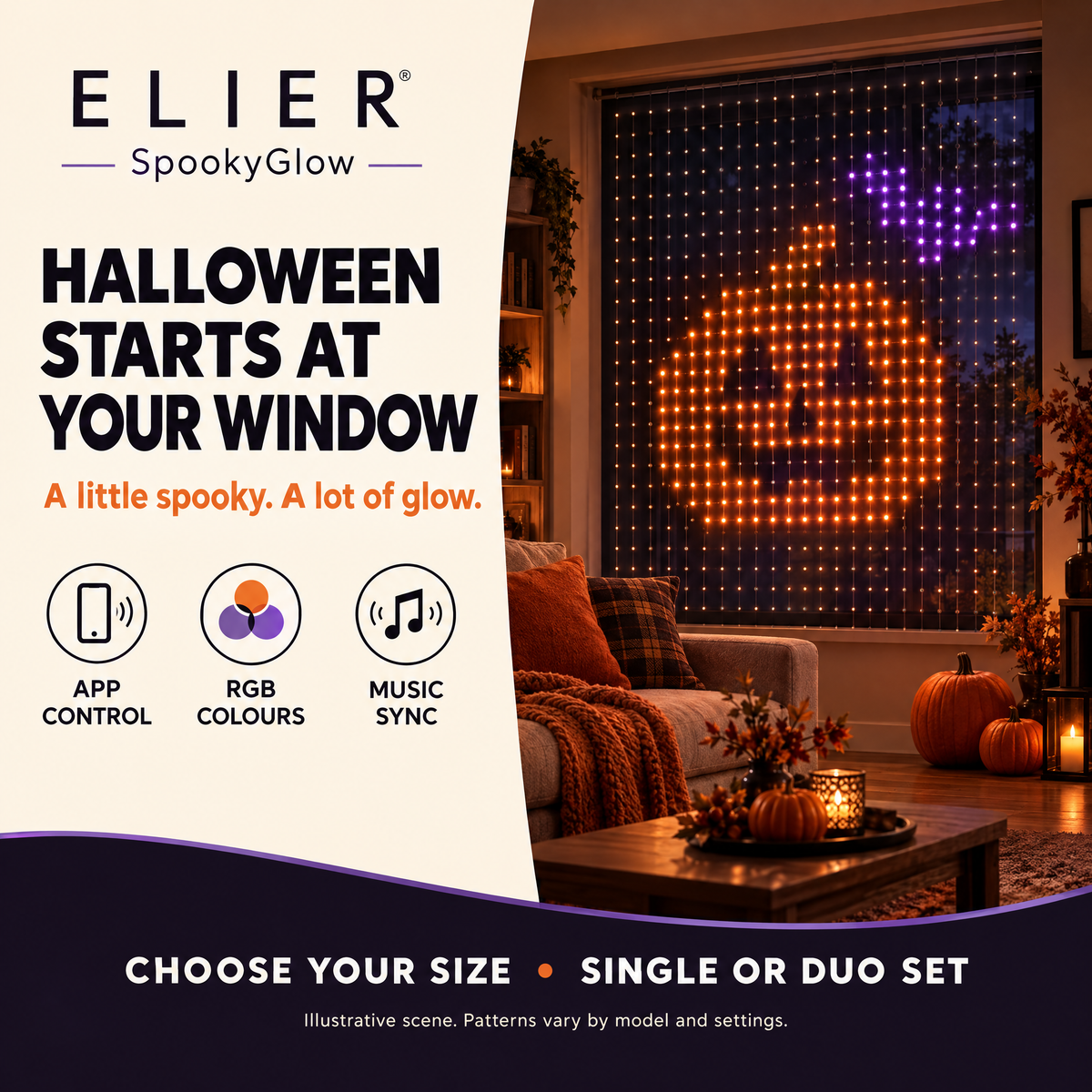 ELIER SpookyGlow Halloween window styling inspiration with app control, RGB colours and music sync.