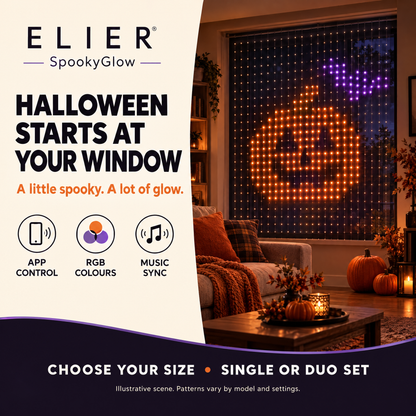 ELIER SpookyGlow Halloween window styling inspiration with app control, RGB colours and music sync.